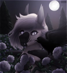 Size: 1174x1268 | Tagged: safe, artist:szkar, derpibooru import, oc, oc only, oc:devilvoice, bat pony, bird, crow, bat pony oc, commission, female, flower, looking at you, moon, piercing, rose