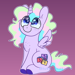 Size: 1640x1639 | Tagged: safe, artist:bluemoon, derpibooru import, oc, oc only, oc:pebbles, alicorn, pony, alicorn oc, chest freckles, colored hooves, cute, feathered wings, female, filly, foal, freckles, horn, multicolored mane, multicolored tail, sitting, solo, spread wings, tail, wings