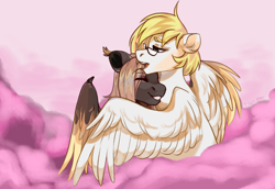 Size: 6335x4355 | Tagged: safe, artist:ijustmari, derpibooru import, oc, oc:ludwig von leeb, pegasus, pony, dancing in the clouds, absurd file size, blonde, blonde hair, cloud, cute, dancing, duo, duo male, flying, gay, glasses, green eyes, high res, hug, love, male, oc x oc, open mouth, purple background, shipping, simple background, spread wings, stallion, wings