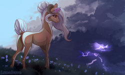 Size: 6000x3590 | Tagged: safe, artist:luna dave, derpibooru import, oc, pony, cloud, flower, grass, horn, lightning, realistic horse legs, scenery, solo, storm, trade