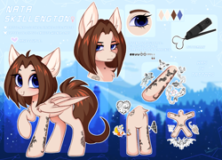 Size: 4158x3000 | Tagged: safe, artist:pesty_skillengton, derpibooru import, oc, oc only, oc:natea, pegasus, pony, blue eyes, chest fluff, cute, ear fluff, ears, female, frown, high res, looking at you, mare, ocbetes, pegasus oc, raised hoof, raised leg, reference sheet, smiling, smiling at you, solo, tattoo, wing fluff, wings