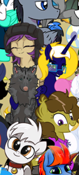 Size: 1080x2400 | Tagged: safe, artist:lincolnbrewsterfan, derpibooru exclusive, derpibooru import, oc, oc only, oc:moon pearl, oc:time vortex (kaifloof), oc:zima the wolf, alicorn, pony, wolf, .svg available, 2022 community collab, alicorn oc, coat markings, cropped, derpibooru community collaboration, dog nose, duo focus, eyebrows, folded wings, front view, fur, glasses, grin, hoof around neck, horn, lidded eyes, looking at you, mane, multicolored eyes, multicolored iris, owned, paws, pet, petting, raised hoof, raised leg, sitting, smiling, smiling at you, sparkles, svg, tail, vector, wings