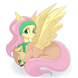 Size: 1600x1600 | Tagged: safe, artist:shamone, derpibooru import, fluttershy, pegasus, pony, clothes, crossover, female, mare, plushie, simple background, solo, teddy bear, white background