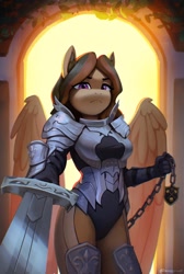 Size: 1379x2048 | Tagged: safe, artist:mrscroup, derpibooru import, oc, oc only, anthro, pegasus, anthro oc, armor, female, frown, looking at you, mare, solo, sword, weapon