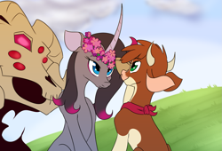 Size: 1701x1155 | Tagged: safe, artist:redahfuhrerking, derpibooru import, arizona cow, fhtng th§ ¿nsp§kbl, oleander, classical unicorn, cow, pony, unicorn, them's fightin' herds, community related, curved horn, floral head wreath, flower, horn