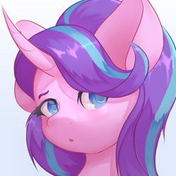 Size: 1659x1659 | Tagged: artist needed, safe, derpibooru import, starlight glimmer, pony, unicorn, bust, female, gradient background, light blue background, looking at you, mare, portrait, simple background, solo