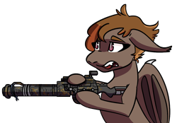 Size: 1054x732 | Tagged: safe, derpibooru import, oc, oc:umber, bat pony, pony, fallout equestria, ears back, gun, holding, railway rifle, simple background, threatening, transparent background, weapon