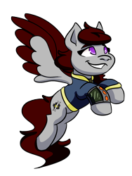 Size: 998x1328 | Tagged: safe, artist:hiddenfaithy, derpibooru import, oc, oc only, oc:skyfire lumia, pegasus, pony, fallout equestria, colored wings, colored wingtips, fallout equestria: uncertain ties, flying, pipbuck, simple background, smiling, transparent background, wings