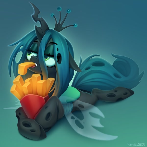 Size: 1200x1200 | Tagged: safe, artist:zazush-una, derpibooru import, queen chrysalis, changeling, changeling queen, pony, ears, eating, eyeshadow, fangs, featured image, female, floppy ears, food, french fries, gradient background, lidded eyes, lying down, makeup, mare, prone, solo