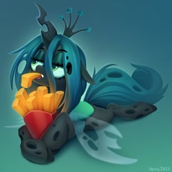 Size: 1200x1200 | Tagged: safe, artist:zazush-una, derpibooru import, queen chrysalis, changeling, changeling queen, pony, ears, eating, eyeshadow, fangs, featured image, female, floppy ears, food, french fries, gradient background, lidded eyes, lying down, makeup, mare, prone, solo