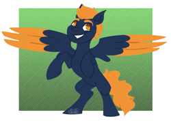 Size: 1421x1007 | Tagged: safe, artist:hiddenfaithy, derpibooru import, oc, oc only, oc:cobalt sky, pegasus, pony, bipedal, colored wings, colored wingtips, lineless, simple background, smiling, spread wings, wings