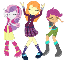 Size: 3500x3443 | Tagged: safe, artist:gmaplay, derpibooru import, orange sherbette, scootaloo, sweetie belle, equestria girls, friendship games, dancing, eyes closed, female, grin, high res, simple background, smiling, transparent background, trio, trio female