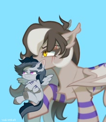 Size: 1752x2000 | Tagged: safe, artist:rrd-artist, derpibooru import, oc, oc only, bat pony, pegasus, pony, crossed arms, holding a pony, mouth hold, unamused