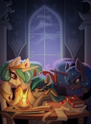 Size: 1000x1366 | Tagged: safe, artist:rrd-artist, derpibooru import, princess celestia, princess luna, alicorn, pony, book, candle, night, quill, scroll, sleeping, sword, table, weapon