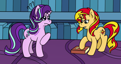 Size: 1280x678 | Tagged: safe, artist:subleni, starlight glimmer, sunset shimmer, pony, unicorn, equestria girls, mirror magic, book, female, how do hooves work?, mare, scene interpretation, twilight's castle