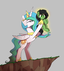 Size: 438x487 | Tagged: safe, artist:thebatfang, ponerpics import, princess celestia, oc, oc:anon filly, alicorn, earth pony, pony, aggie.io, cliff, duo, eyes closed, female, filly, foal, gray background, holding a pony, mare, simple background, smiling, the lion king