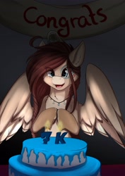 Size: 2896x4096 | Tagged: safe, artist:melodisde, derpibooru import, oc, oc only, oc:ondrea, pegasus, pony, banner, bone, cake, eye clipping through hair, female, food, high res, jewelry, mare, open mouth, open smile, pegasus oc, skull, smiling, solo, spread wings, wings