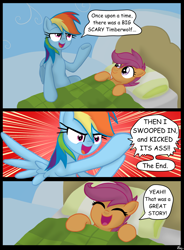 Size: 1280x1735 | Tagged: safe, artist:lennondash, derpibooru import, rainbow dash, scootaloo, pegasus, pony, :d, bed, bedtime story, boasting, comic, duo, duo female, eyes closed, female, filly, foal, in bed, lying down, mare, on back, open mouth, open smile, pillow, rainboast dash, scootalove, smiling, speech bubble, spread wings, vulgar, wings