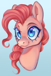 Size: 447x667 | Tagged: safe, artist:dustdevll, derpibooru import, pinkie pie, earth pony, pony, bust, female, gradient background, mare, portrait, smiling, solo