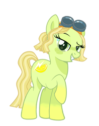 Size: 1663x2115 | Tagged: safe, artist:lavender-bases, artist:vernorexia, derpibooru import, earth pony, pony, base used, blonde, crossover, female, food, goggles, gradient hooves, gradient legs, green coat, lemon, lemon meringue (strawberry shortcake), lightning, mare, mechanic, ponified, short hair, short mane, show accurate, simple background, solo, strawberry shortcake, strawberry shortcake berry in the big city, tomboy, transparent background, wavy mane