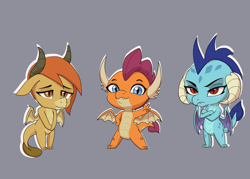 Size: 3500x2500 | Tagged: safe, artist:chedx, derpibooru import, ocellus, princess ember, smolder, dragon, chibi, crossed arms, disguise, disguised changeling, dragon ocellus, dragon wings, dragoness, female, frown, gray background, hand on hip, high res, looking at you, peace sign, simple background, smiling, smiling at you, spread wings, trio, trio female, wings