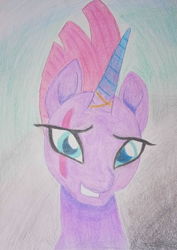 Size: 2233x3161 | Tagged: safe, artist:averkoswolf, derpibooru exclusive, derpibooru import, fizzlepop berrytwist, tempest shadow, pony, unicorn, my little pony: the movie, broken horn, colored pencil drawing, eye scar, female, horn, mare, scar, solo, tempest gets her horn back, traditional art