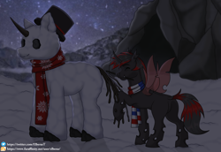 Size: 1280x880 | Tagged: safe, alternate version, artist:elberas, derpibooru import, oc, oc only, changeling, changeling queen, cave, changeling queen oc, clothes, eyes closed, female, hat, night, outdoors, raised hoof, raised leg, red changeling, scarf, smiling, snowpony, stars, striped scarf