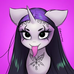 Size: 2048x2048 | Tagged: safe, artist:katputze, derpibooru import, pony, unicorn, bust, eyeshadow, female, long tongue, makeup, mare, piercing, ponified, purple background, simple background, solo, tattoo, tongue, tongue out, tongue piercing