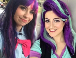 Size: 1080x819 | Tagged: safe, artist:sarahndipity cosplay, derpibooru import, edit, starlight glimmer, twilight sparkle, human, equestria girls, mirror magic, spoiler:eqg specials, clothes, cosplay, costume, irl, irl human, photo