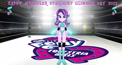 Size: 3330x1785 | Tagged: safe, artist:invisibleink, derpibooru import, edit, edited edit, editor:thomasfan45, starlight glimmer, equestria girls, beanie, belly button, breasts, clothes, elbow pads, hat, knee pads, shoes, solo, sports, sports bra, sports panties, starlight glimmer day, wrestler, wrestling, wrestling ring