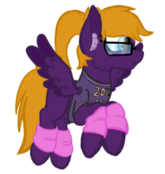 Size: 3095x3270 | Tagged: safe, artist:justapone, derpibooru import, oc, oc only, oc:purple creativity, pegasus, pony, cheek fluff, clothes, colored, colored pupils, colored sketch, colored wings, ear fluff, ears, eyelashes, feathered wings, female, flying, full body, glasses, high res, leg warmers, mare, pegasus oc, shirt, simple background, smiling, solo, spread wings, tail, white background, wings