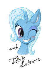 Size: 2481x3508 | Tagged: safe, artist:memprices, derpibooru import, trixie, pony, unicorn, blushing, bust, clip studio paint, ear fluff, ears, ears up, female, front view, high res, horn, looking at you, mare, one eye closed, pencil, pencil drawing, signature, simple background, smiling, smiling at you, solo, text, traditional art, white background, wink, winking at you