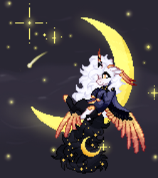 Size: 1886x2120 | Tagged: safe, artist:sscorpionsss, derpibooru import, oc, oc only, alicorn, pony, alicorn oc, crescent moon, horn, moon, pixel art, shooting star, sitting, solo, stars, tangible heavenly object, transparent moon, wings