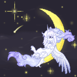 Size: 1500x1500 | Tagged: safe, artist:sscorpionsss, derpibooru import, oc, oc only, alicorn, pony, alicorn oc, animated, commission, crescent moon, ethereal mane, gif, horn, moon, pixel art, shooting star, sitting, solo, starry mane, stars, tangible heavenly object, transparent moon, wings, ych result