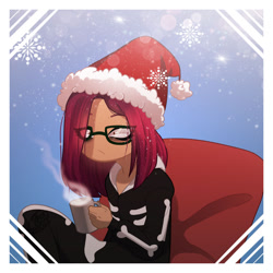 Size: 1024x1024 | Tagged: safe, artist:stormcloud-yt, derpibooru import, oc, oc only, human, christmas, clothes, costume, female, frown, glasses, hat, holiday, humanized, mug, santa hat, skeleton costume, solo