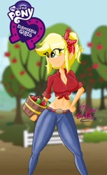 Size: 963x1572 | Tagged: safe, artist:spired_cake, derpibooru import, applejack, equestria girls, bucket, clothes, eyelashes, female, front knot midriff, midriff, outdoors, pants, shirt, solo