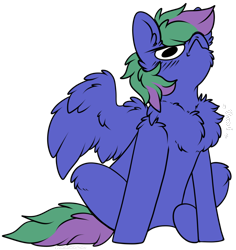 Size: 1110x1174 | Tagged: safe, artist:ababumilkshake, derpibooru import, oc, oc only, oc:lishka, pegasus, pony, :c, >:c, behaving like a bird, chest fluff, commission, commissioner:biohazard, cute, eyebrows, female, fluffy, frown, furrowed brow, hair over one eye, mare, onomatopoeia, peacocking, pegasus oc, silly, silly pony, simple background, solo, tail, transparent background, two toned mane, two toned tail, wing fluff, wings, ych result