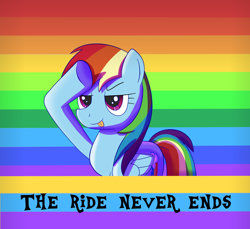 Size: 3000x2749 | Tagged: safe, artist:trackheadtherobopony, derpibooru import, rainbow dash, april fools, r/place, rainbow, rainbow background, reddit, salute, solo, the ride never ends
