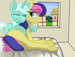 Size: 6000x4500 | Tagged: safe, artist:galaxymike, derpibooru import, bon bon, lyra heartstrings, sweetie drops, earth pony, unicorn, bed, bedroom, female, house, lesbian, on bed