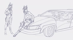 Size: 1650x900 | Tagged: safe, artist:dementra369, derpibooru import, oc, oc only, oc:kira baer, oc:ruby drop, anthro, unguligrade anthro, car, simple background, sketch