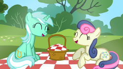 Size: 1280x720 | Tagged: safe, artist:mlplary6, derpibooru import, bon bon, lyra heartstrings, sweetie drops, earth pony, pony, unicorn, basket, bff, female, laughing, mare, picnic, picnic basket, picnic blanket