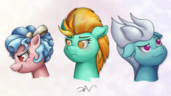 Size: 1280x720 | Tagged: safe, artist:swasfews, derpibooru import, cozy glow, fleetfoot, lightning dust, pony, female, filly, foal, head, signature, trio