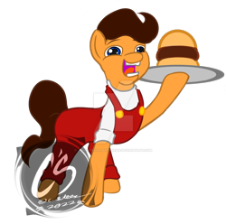 Size: 1024x1016 | Tagged: safe, artist:adhiguna, artist:johnathon-matthews, derpibooru import, earth pony, pony, big boy, burger, clothes, deviantart watermark, fantastic face, food, male, obtrusive watermark, overalls, simple background, smiling, stallion, transparent background, watermark