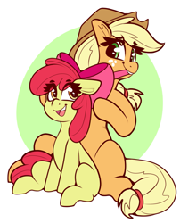 Size: 1697x2096 | Tagged: safe, artist:graphene, derpibooru import, apple bloom, applejack, earth pony, pony, abstract background, adorabloom, apple bloom's bow, apple sisters, applejack's hat, bow, clothes, cowboy hat, cute, duo, duo female, eye clipping through hair, eyebrows, eyebrows visible through hair, female, filly, foal, freckles, hair bow, happy, hat, hooves, jackabetes, mare, mouth hold, open mouth, open smile, siblings, simple background, sisters, sitting, smiling, white background