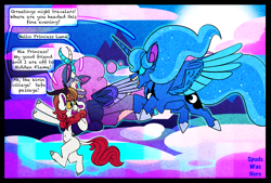 Size: 1869x1267 | Tagged: safe, artist:spudsmcfrenzy, derpibooru import, autumn blaze, princess luna, oc, oc:bamboozle, alicorn, draconequus, kirin, pony, carrying, dialogue, draconequus oc, female, flying, interspecies offspring, male, mare, offspring, parent:discord, parent:pinkie pie, parents:discopie, speech bubble, spread wings, trio, wings