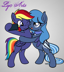 Size: 868x965 | Tagged: safe, artist:linedraweer, derpibooru import, oc, oc only, oc:rainbow lightspeed, oc:whirly bat, bat pony, pegasus, pony, bipedal, hug, not luna, one eye closed, selfie, side hug, tongue, tongue out, winghug, wings, wink