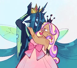 Size: 1305x1151 | Tagged: safe, artist:hoaxghost, artist:toiame, derpibooru import, princess cadance, queen chrysalis, changeling, human, accessory swap, annoyed, bedroom eyes, belt, bracelet, breasts, cadalis, chubby, clothes, crossed arms, crown, dark skin, dress, duo, ear piercing, earring, female, grin, hair over one eye, heart, horn, horned humanization, humanized, infidelity, jewelry, lesbian, looking at each other, looking at someone, nail polish, necklace, piercing, princess cansdance, redraw, regalia, shipping, simple background, smiling, white background, winged humanization, wings