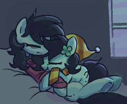 Size: 562x462 | Tagged: safe, artist:plunger, ponerpics import, oc, oc only, oc:anon filly, earth pony, pony, bags under eyes, bed, clothes, clover, cuddling, earth pony oc, eyes closed, female, filly, foal, four leaf clover, hat, hoodie, lying on bed, on bed, scarf, underhoof, window