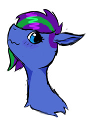 Size: 583x824 | Tagged: safe, artist:lefi32, derpibooru exclusive, derpibooru import, oc, oc only, oc:blue pure, pony, blue eyes, blushing, bust, colored sketch, looking at you, simple background, sketch, smiling, smiling at you, solo, white background