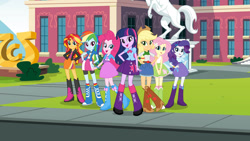 Size: 1385x779 | Tagged: safe, derpibooru import, applejack, fluttershy, pinkie pie, rainbow dash, rarity, sunset shimmer, twilight sparkle, equestria girls, arms, belt, boots, clothes, cowboy boots, cowboy hat, hat, high heel boots, humane five, humane seven, humane six, shirt, shoes, skirt, socks